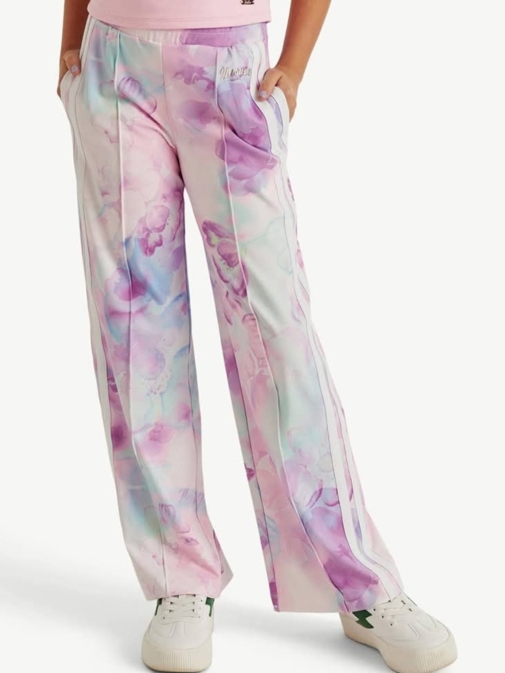 Justice Pastel Watercolor Wide-Leg Track Pants - Pink, Purple, Blue